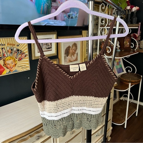 Vintage Tops - Copper Key Brown and Cream Crochet Tank Top Large